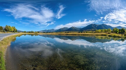 Panoramic view of a serene lake reflecting mountains and sky under a bright sunny day.