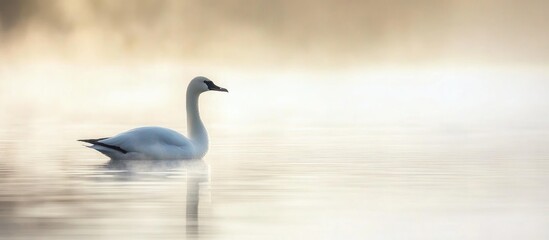 Winter morning serenity with a tranquil water scene ideal for bird photography featuring a graceful seabird among soft mist.