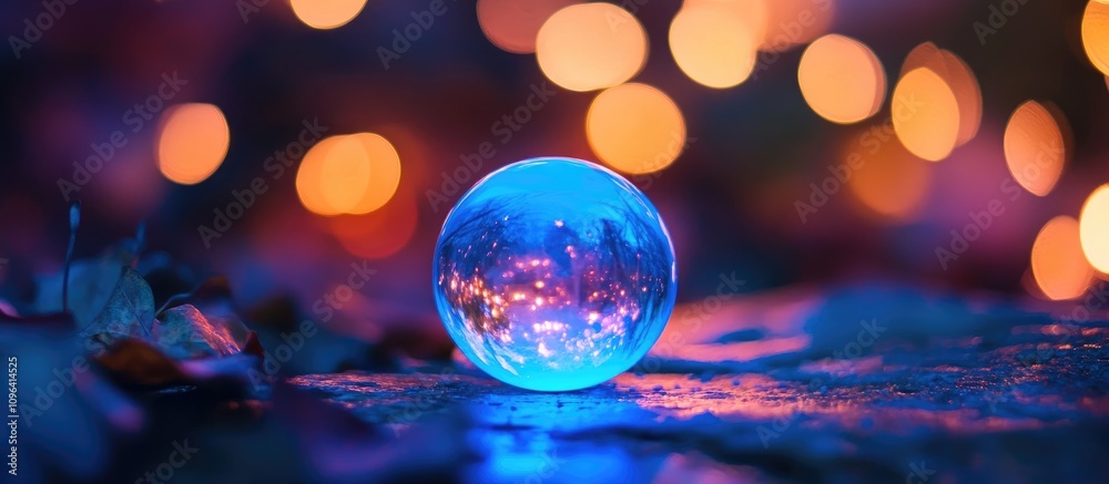 Leinwandbilder glass sphere reflecting blue bokeh lights surrounded by warm orange hues creating a dreamy abstract 