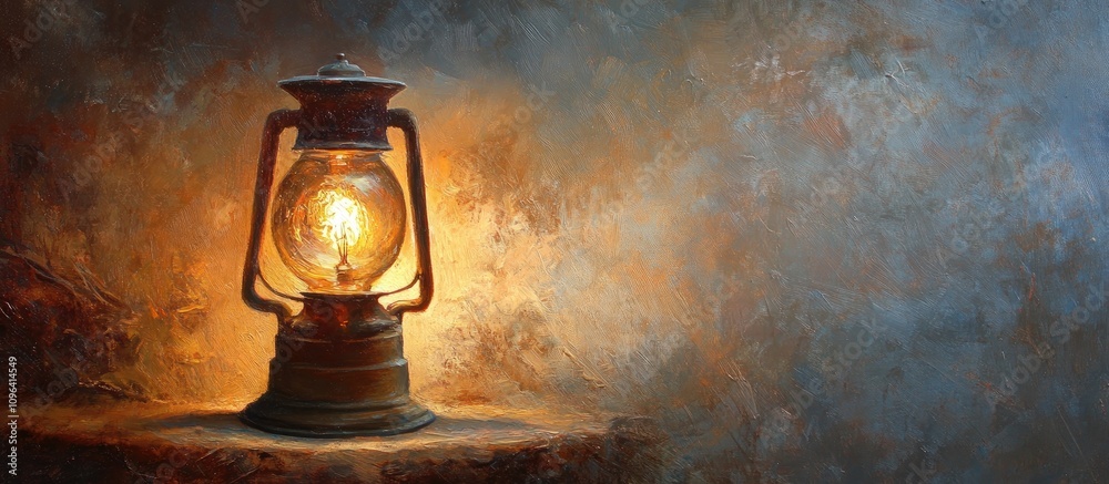 Poster Vintage oil lamp illuminating a rustic interior with warm golden light creating a nostalgic atmosphere in a textured artistic background