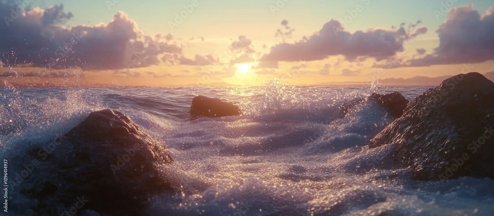 Aufkleber serene ocean landscape showcasing waves crashing against rugged rocks during a vibrant sunset with c