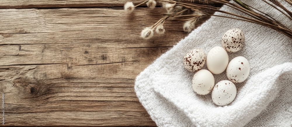 Aufkleber quail eggs arranged on rustic wooden background with cotton towel and willow branch for natural food