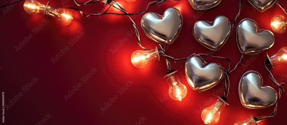 Poster silver hearts intertwined with glowing light bulbs on a deep crimson background creating a warm roma