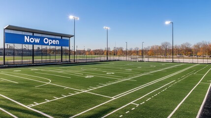Obraz premium Modern Sports Field with Artificial Turf and Encouraging Signage for Community Engagement to Promote Healthy Activities and Team Sports in Open Environment