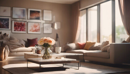 Modern living room interior with wooden furniture, frame, and large windows