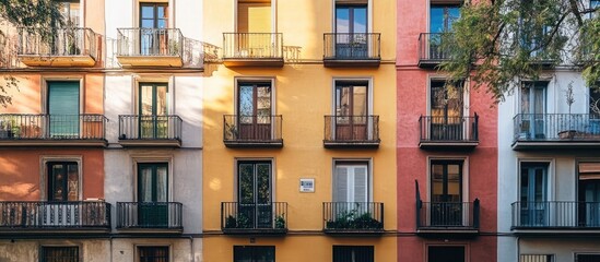 Obraz premium Vibrant residential building facade showcasing colorful balconies and windows in an urban environment