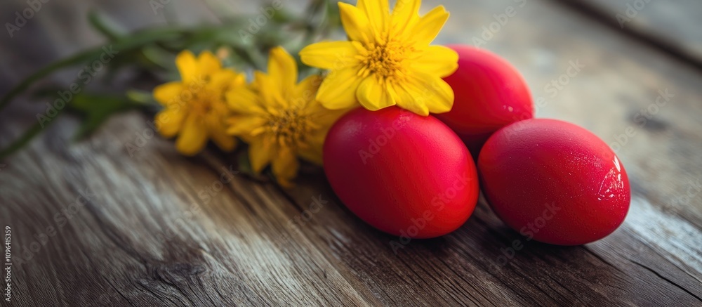 Aufkleber red easter eggs displayed on rustic wooden surface with vibrant yellow flowers creating a festive an