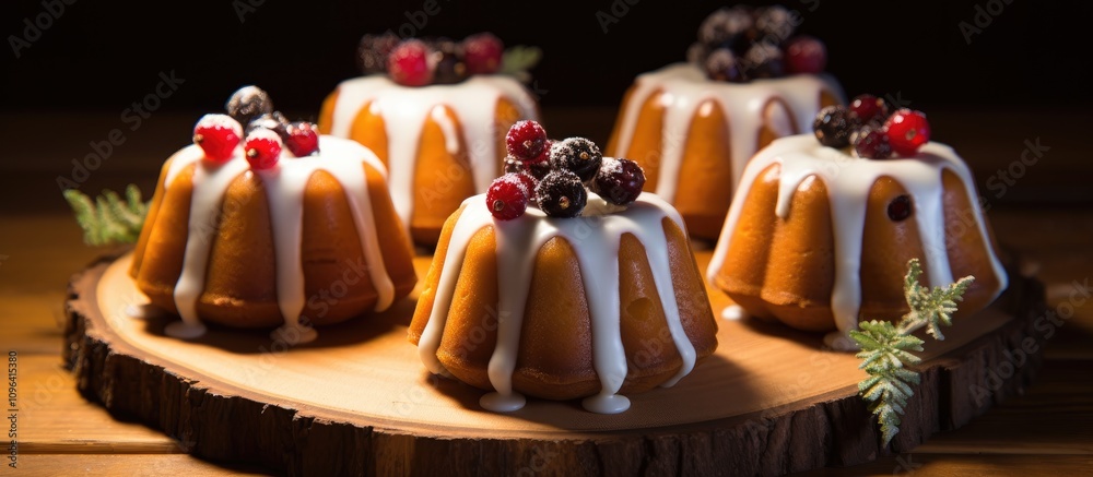 Poster rustic bundt cakes with sugar glaze and currants on a wood slice illuminated by warm lights creating