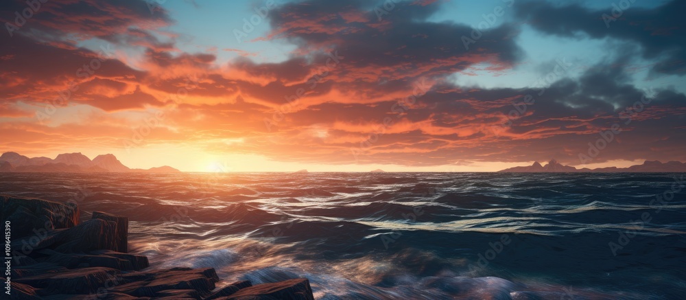 Poster serene sunset over the ocean with vibrant clouds reflecting warm colors in the sky and gentle waves 