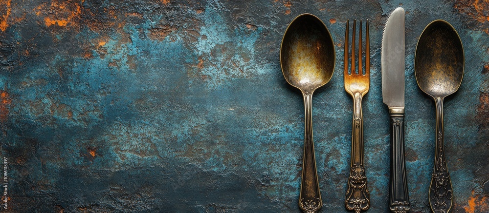 Poster rustic vintage cutlery set including fork knife and spoon on textured backdrop with copy space for f