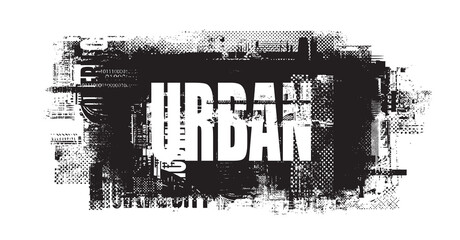 vector phrase urban, street art in grunge style on background of spots and geometric shapes from elements of big city architecture. suitable for logo, t-shirt design