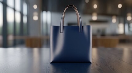 A blank white tote bag with brown leather handles stands on a blue background, emphasizing a clean and minimalist style suitable for various designs