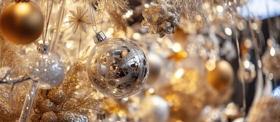 Elegant holiday decorations featuring golden and silver ornaments for a festive New Year celebration ambiance.