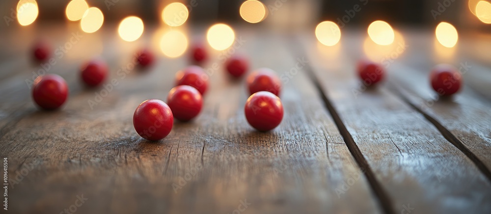 Poster Red decorative balls scattered on a rustic wooden surface with a soft bokeh light background creating a warm and festive atmosphere