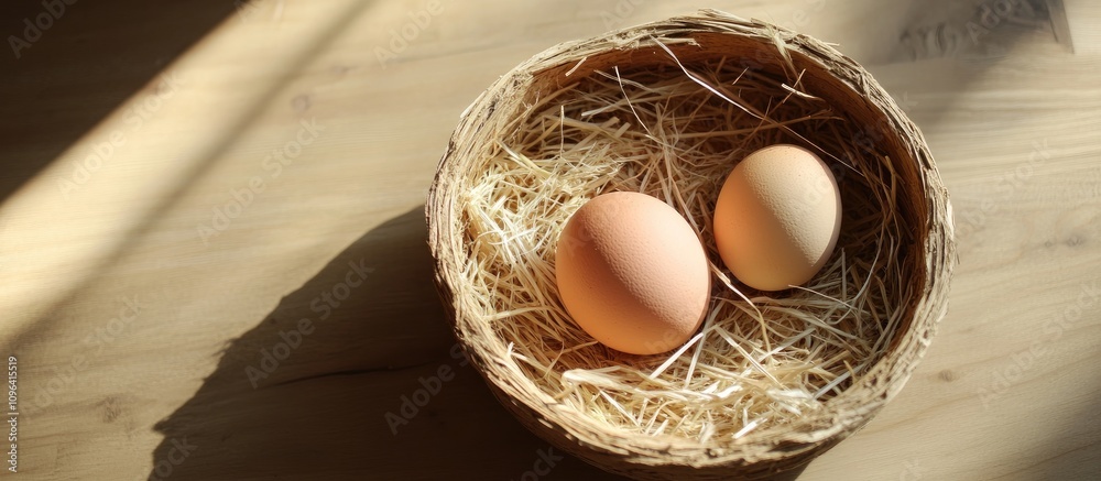 Poster Aerial view of a rustic basket with straw and naturally colored eggs, illuminated by soft sunlight on a wooden table surface