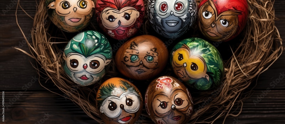 Aufkleber colorful hand-painted easter eggs depicting family faces arranged in a nest on rustic wooden backgro