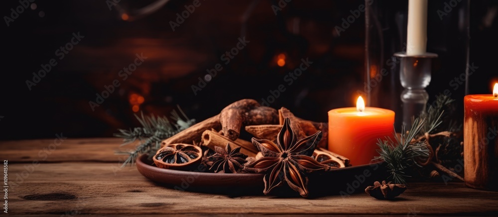 Poster cozy rustic dinner table centerpiece with candles dried fruits and spices creating a warm eco-friend