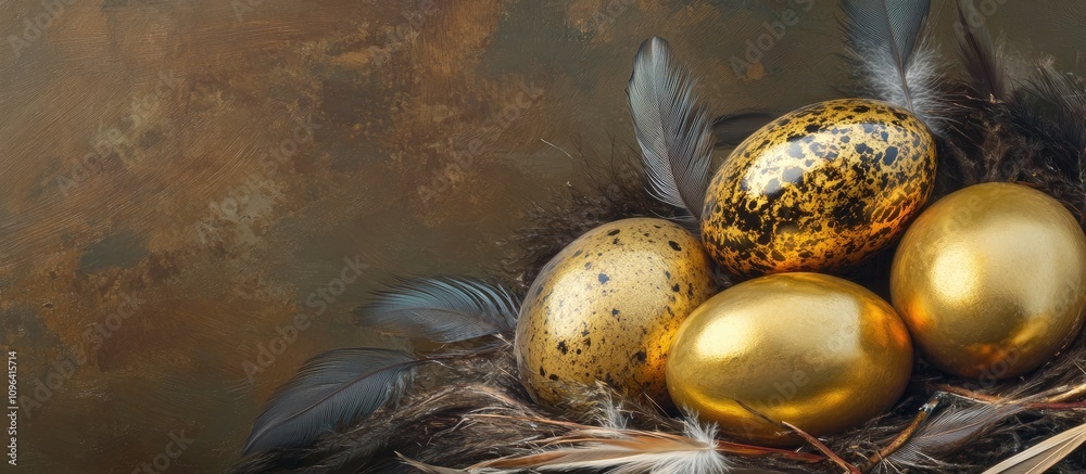 Poster gilded quail eggs nestled in a feather nest on wooden boards showcasing elegance and detail for east