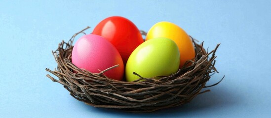 Fototapeta premium Colorful Easter eggs in a natural nest on a soft blue background symbolizing the festive holiday and spring celebrations.
