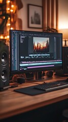 Computer displaying video editing software surrounded by cozy creative workspace.