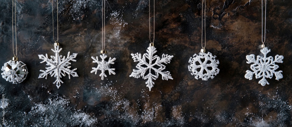 Poster elegant snowflake christmas ornaments suspended against a textured dark winter backdrop creating a f