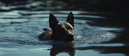 Obraz premium Dog swimming playfully in calm water during sunny day capturing essence of outdoor adventure and fun companionship