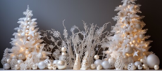 Elegant white Christmas tree decoration with ornaments creating a serene and festive atmosphere for holiday celebrations and seasonal gatherings