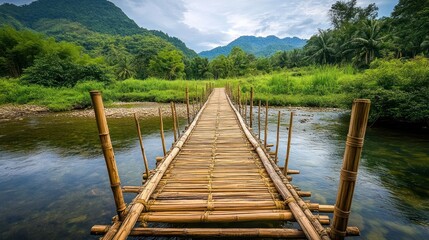 Fototapeta premium A simple bamboo bridge over a clear, shallow stream in a peaceful rural landscape 