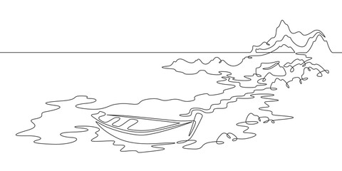 Continuous one line drawing rocky seascape.Boat near the shore. Bay.Tourist boat on the beach. One continuous line isolated minimal illustration.Not AI.