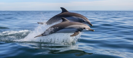 Fototapeta premium Dolphins swimming and leaping in the ocean during a scenic boat ride showcasing marine wildlife in their natural habitat