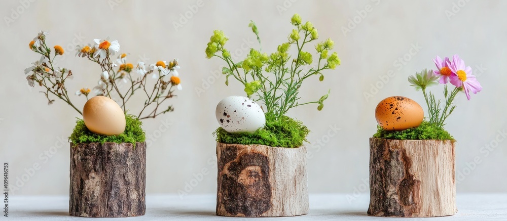Poster spring floral arrangement with quail eggs and moss in wooden bark vases on a light background showca