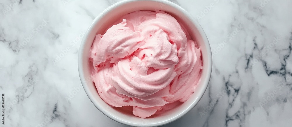 Poster overhead view of a white bowl filled with fluffy pink meringues on a marble surface creating a vibra