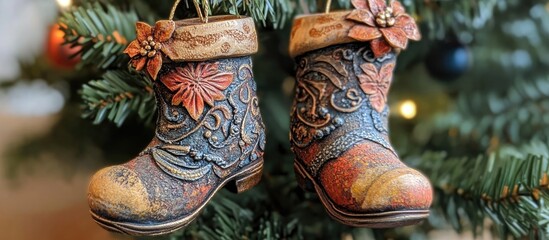 Decorative vintage stocking boot ornaments hanging on a beautifully adorned Christmas tree