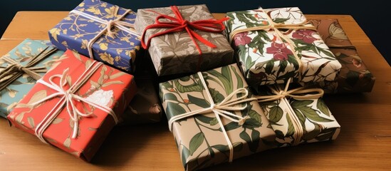Fototapeta premium Eco-friendly gift boxes wrapped in handmade paper and traditional fabric showcasing creative zero waste packaging ideas.