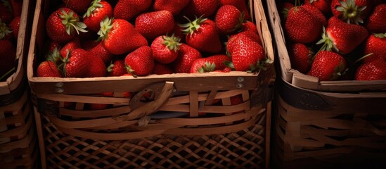 Elevated view of fresh strawberries in woven baskets and wooden boxes showcasing vibrant red fruits ready for market or home consumption