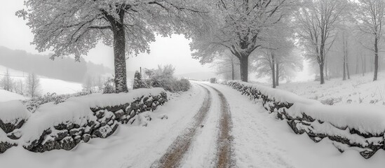 Snowy panoramic view of the Way of St James Camino de Santiago in black and white showcasing a serene winter landscape