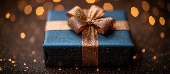 Luxurious blue gift box with gold ribbon on brown background perfect for celebrations and special occasions