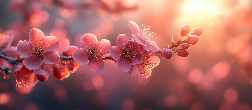 Pink plum blossoms illuminated by sunlight creating a dreamy blurred background in warm spring atmosphere.