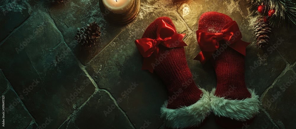 Aufkleber aerial view of festive red socks with bows beside a lit candle creating a warm christmas atmosphere 