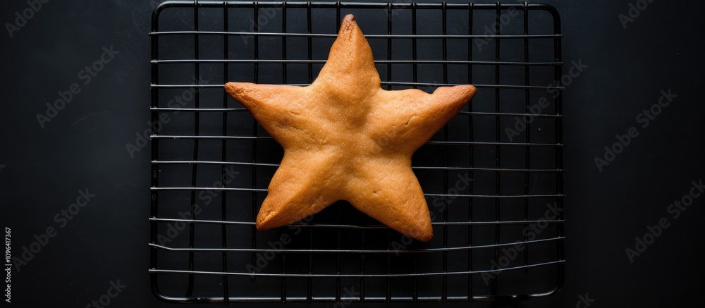 Poster overhead view of a uniquely shaped star biscuit cooling on a black wire rack showcasing baking imper