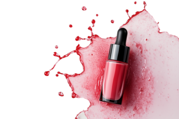 Serum liquid makeup bottle with cosmetic splashes on transparent background