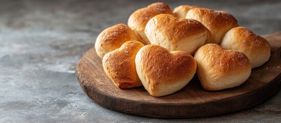 Heart shaped bread rolls on a rustic wooden platter with a textured backdrop for cozy culinary themed designs and wallpaper use.
