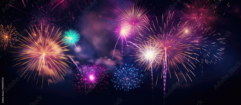 Poster vibrant multicolored fireworks display in purple and gold illuminating a dark night sky with dynamic