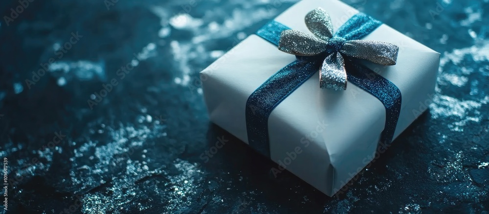 Poster elegant white gift box with blue silver and golden ribbon on a dark textured background featuring am