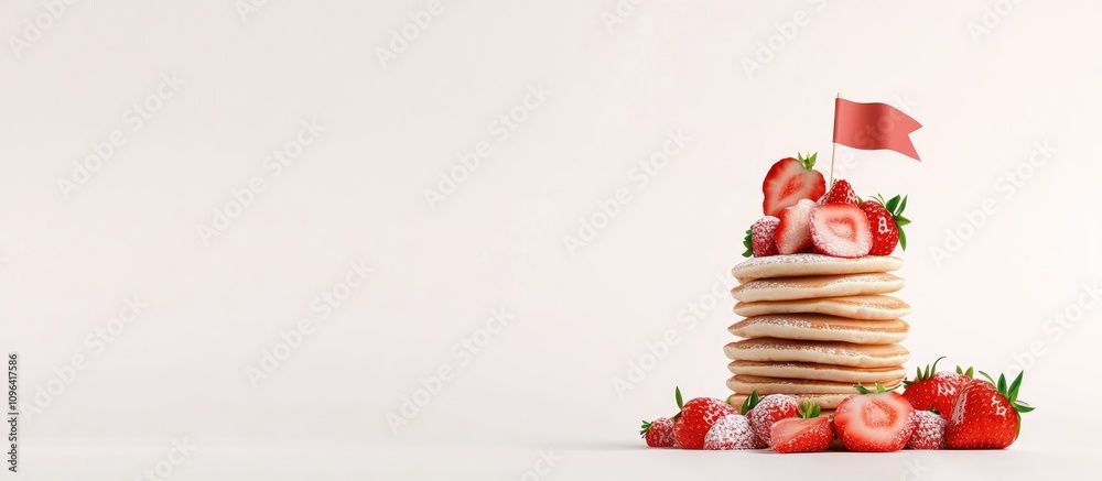 Poster pancakes stacked with fresh strawberries and a decorative flag on a minimalist background ideal for 