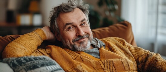 Fototapeta premium Smiling middle-aged man relaxing at home on couch enjoying a moment of reflection and satisfaction in cozy comfortable ambiance