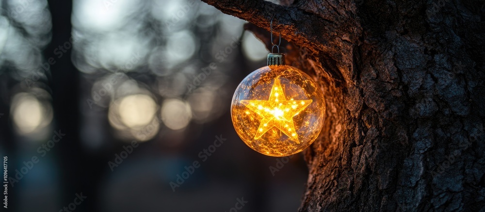 Poster glowing star ornament hanging on tree bark in a serene outdoor setting during twilight with blurred 