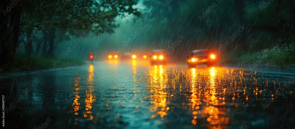 Poster Night rain reflections on a wet road illuminated by headlights creating a moody atmospheric scene with blurred background and trees.
