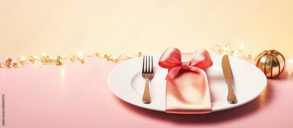 Aufkleber Elegant table setting with garland and ribbon on a plate with fork set against a soft background for festive dining inspiration