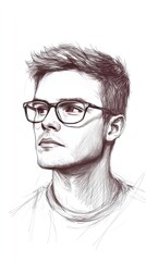 Pen sketch of a young man with glasses, looking thoughtfully upward.